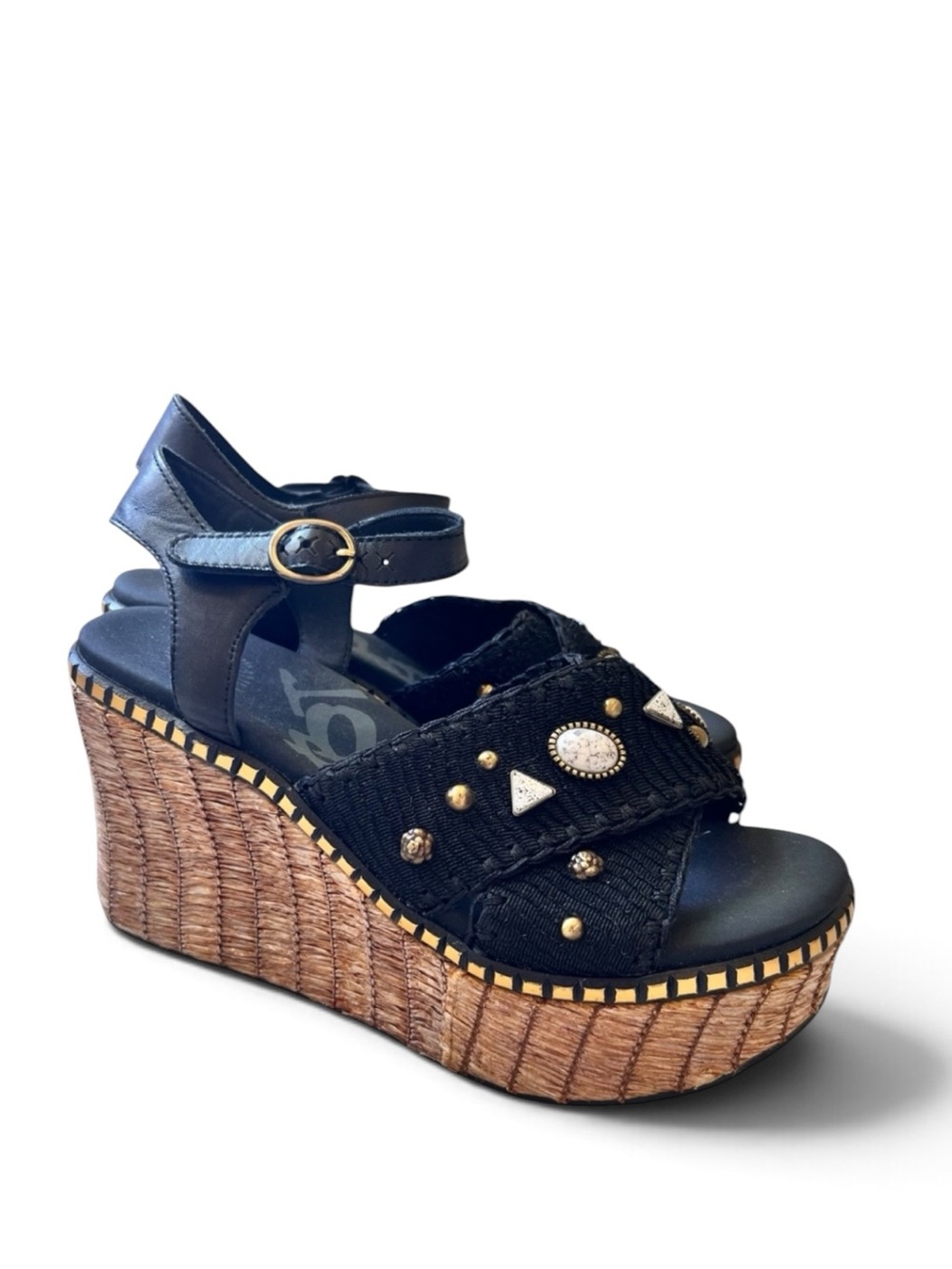 OTBT Cahoot Platform Wedge Sandal Black Beaded Raffia Slingback